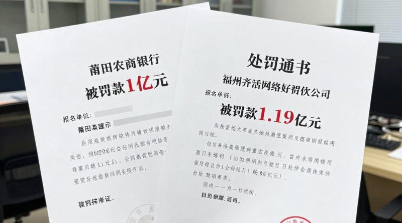 莆田农商行被罚100万元、福州奇富网络小额贷款公司被罚119万元